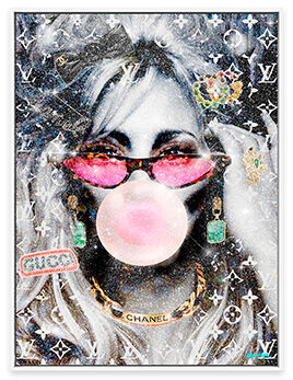 Portrait wall art of a woman a bubblegum and pink sunglasses